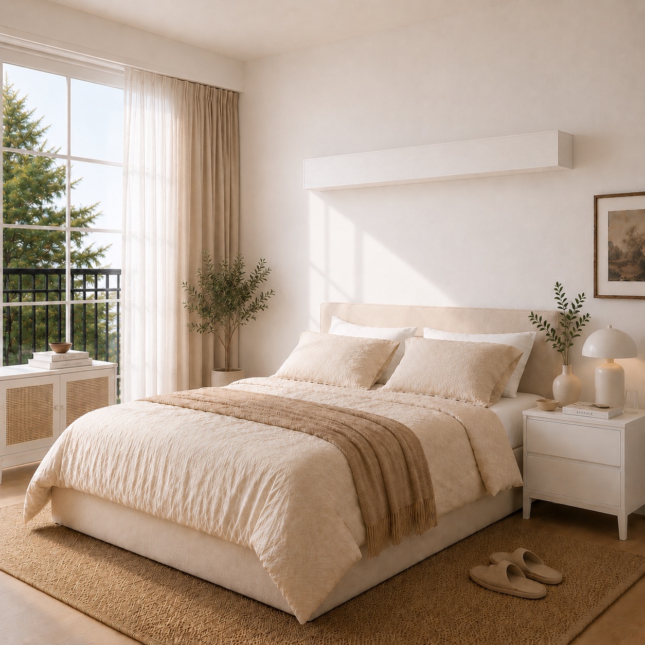 Concealed wall-mounted mosquito net box in a warm bedroom when closed