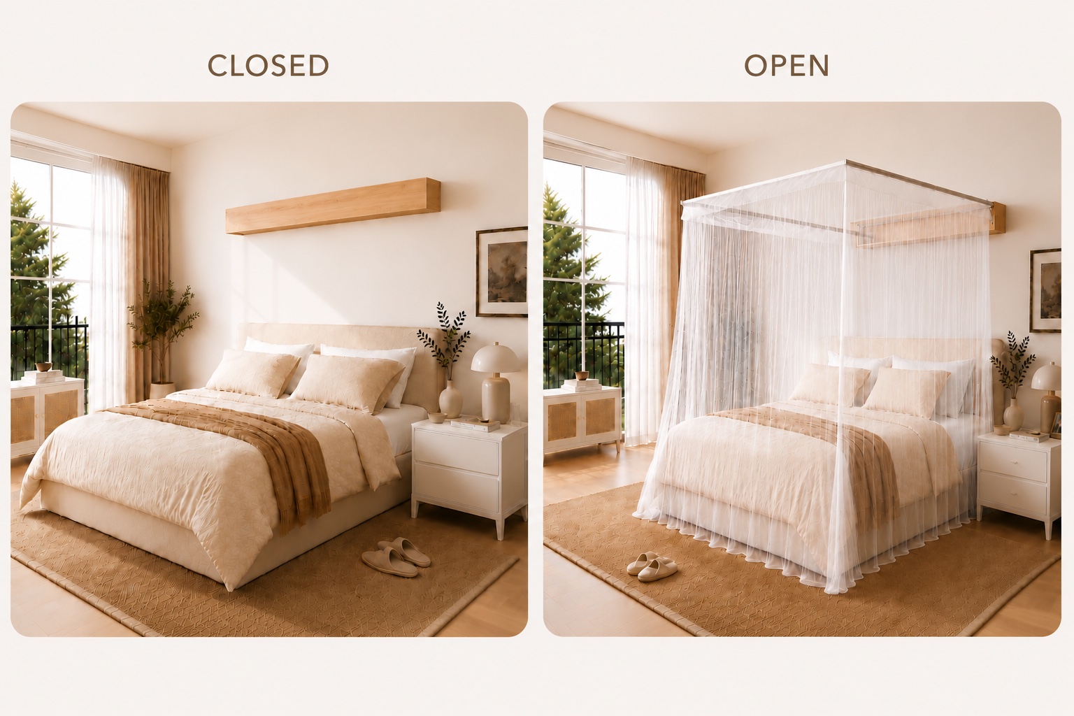 Bedroom mosquito net system shown closed and open